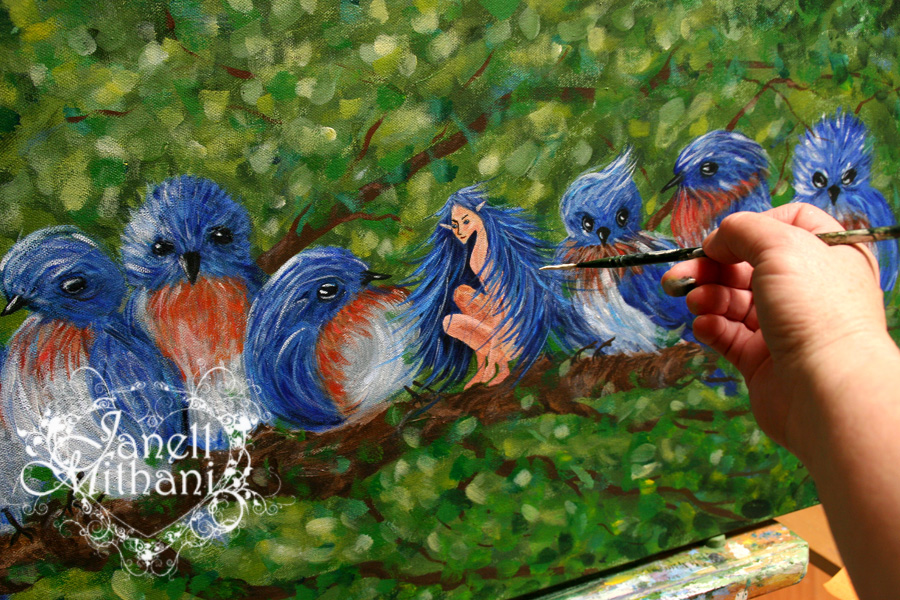 Janell Mithani working on painting Morning Chit chat