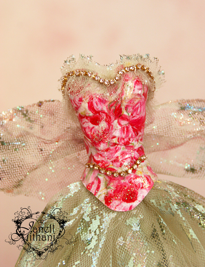 Bodice close up of mini fairy paper dress by Janell Mithani