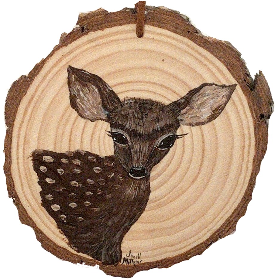 fawn painting on wood slice by Janell Mithani