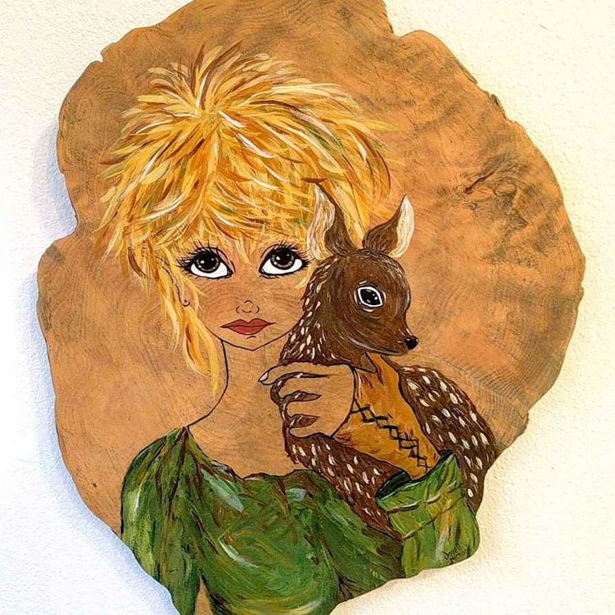 fairy and deer painting on wood burl