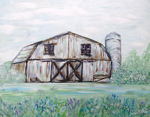 barn in field with flowers painting