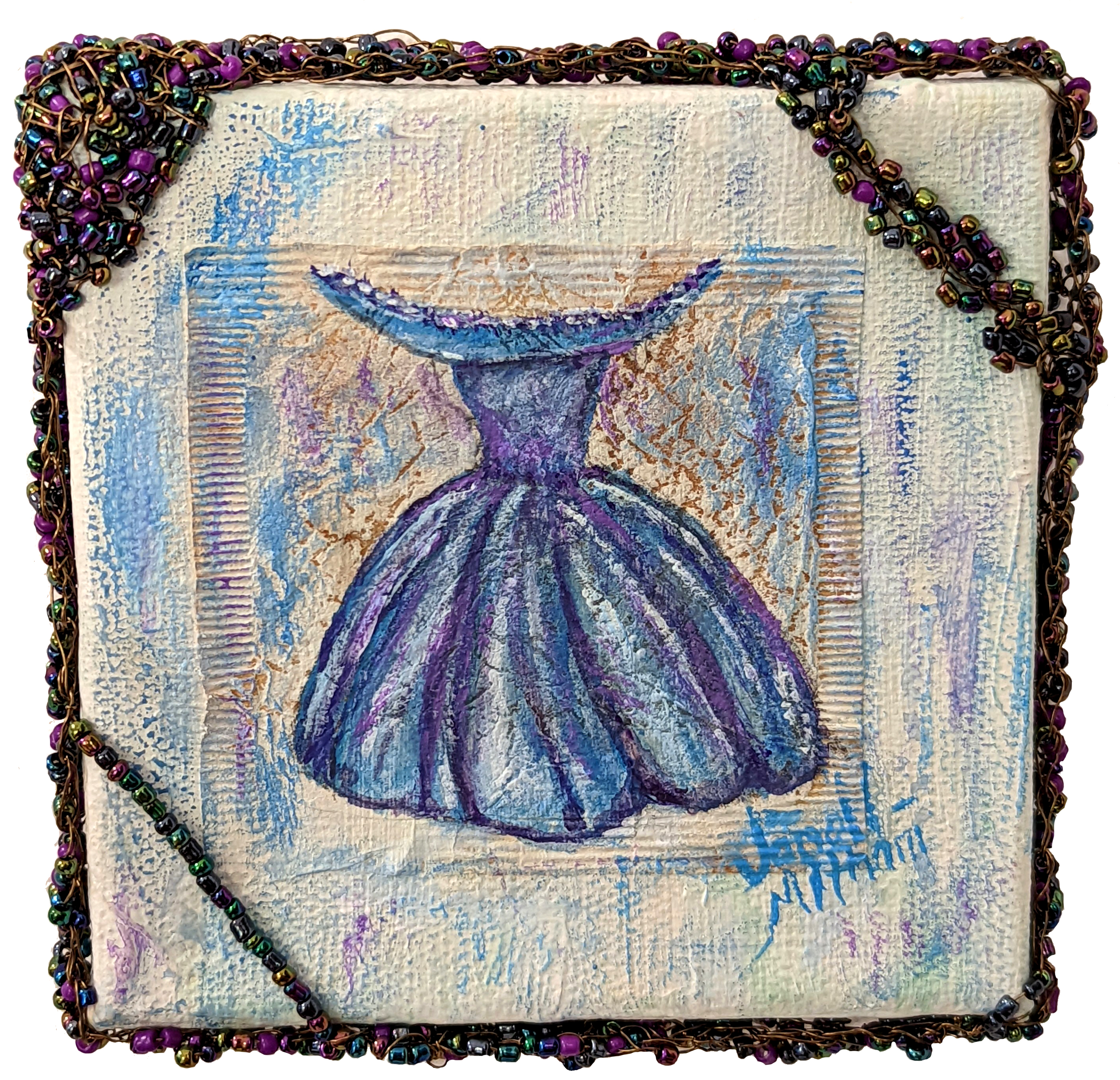painting of a blue dress on a tea bag collaged into a painted canvas with a beaded frame.