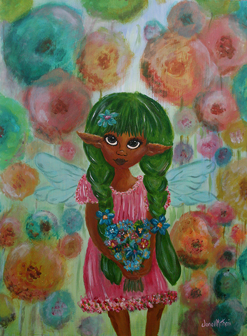 painting of a girl with green braided hair with fairy wings holding widflowers and surrounded by flowers.