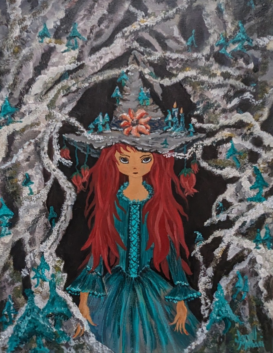 painting of a redheaded witch with a hat surrounded by branches and mushroons