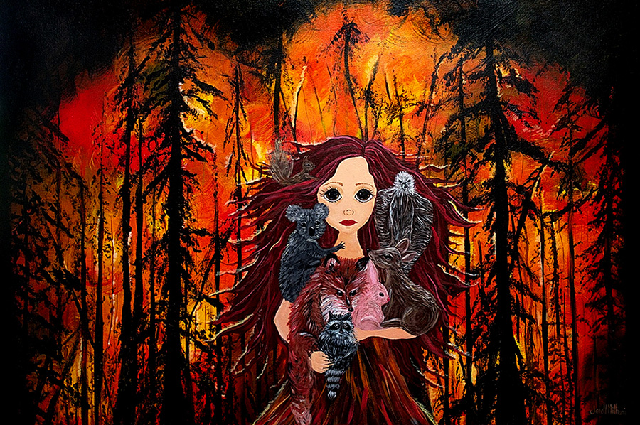 woman carrying animals running from forest fire