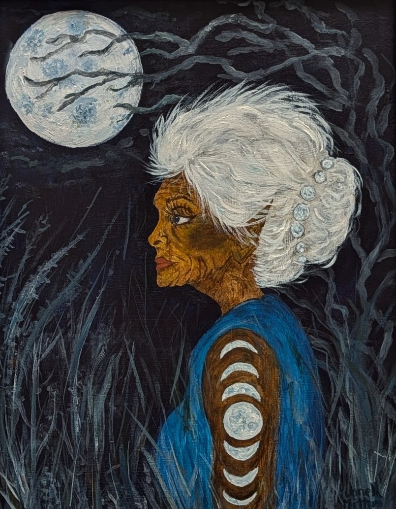 WIse woman Crone painting in moonlight by artist janell mithani